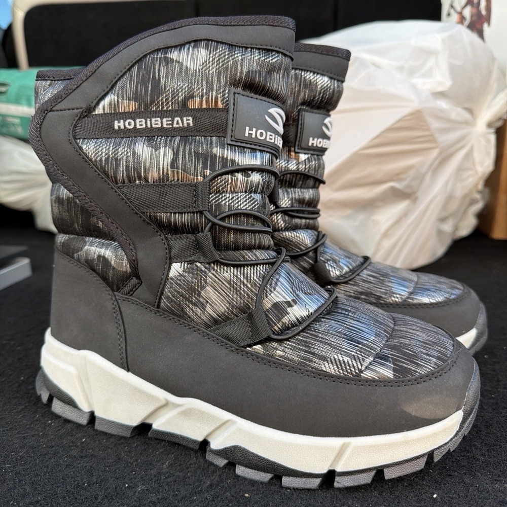 Hobibear Snow Boots Black/Gray Design Faux Fur Lined US Side 8.5 M